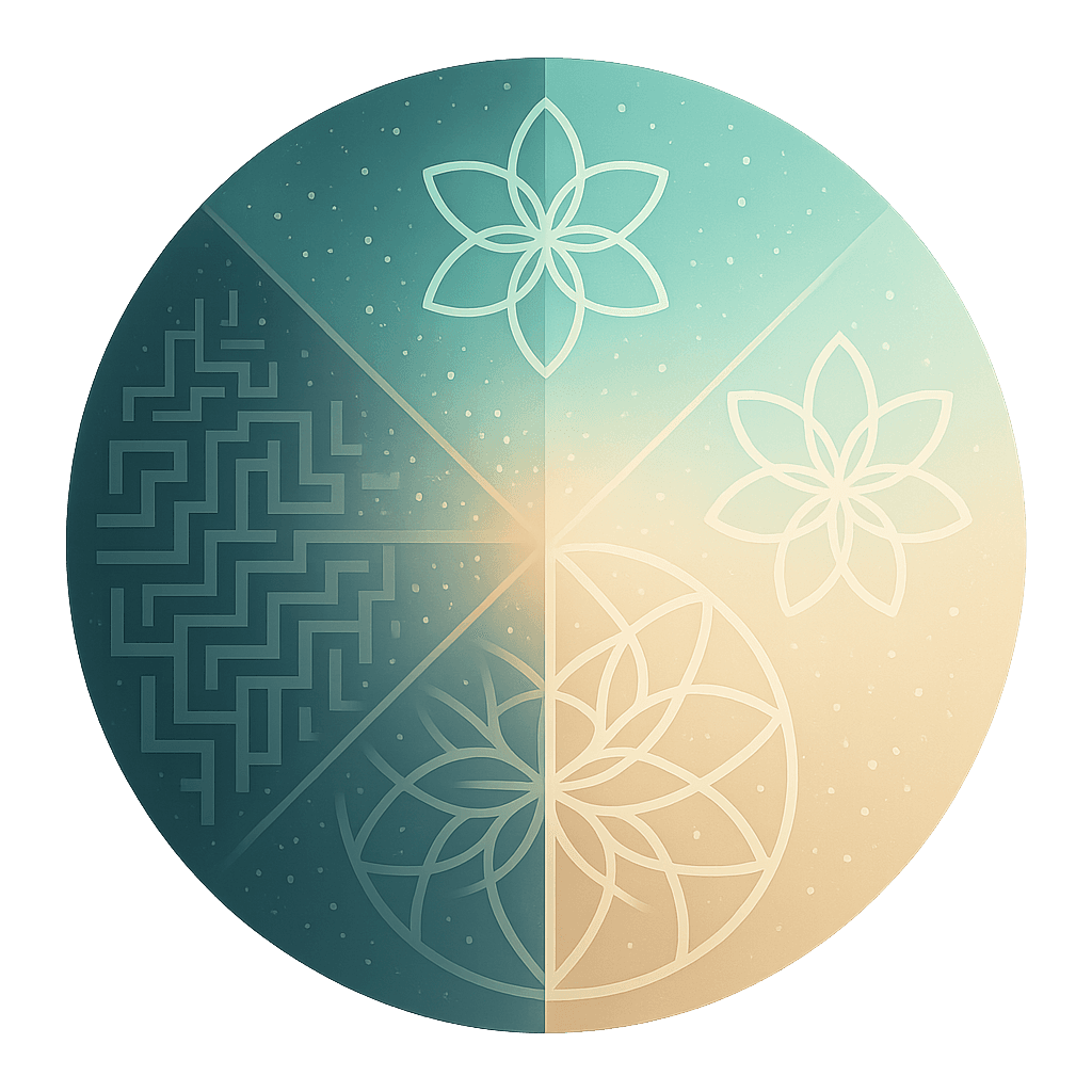 Four pillars of transformation representing radical responsibility, truth, abundance, and identity liberation