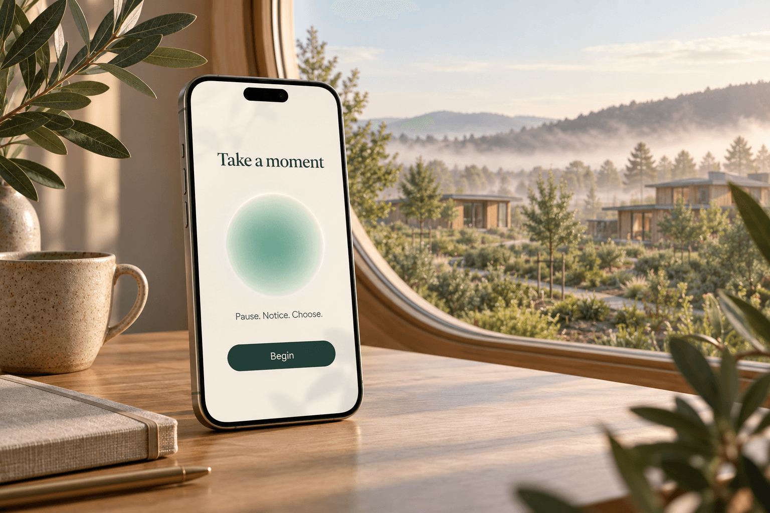 A phone on a sunlit desk showing a proposed Companion screen: Take a moment, Pause. Notice. Choose.