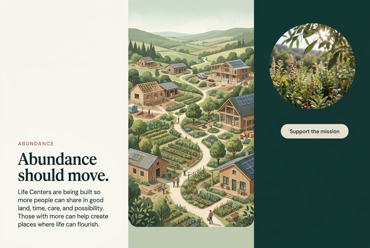 An illustrated regenerative neighborhood of gardens, paths, timber houses, and people at work.